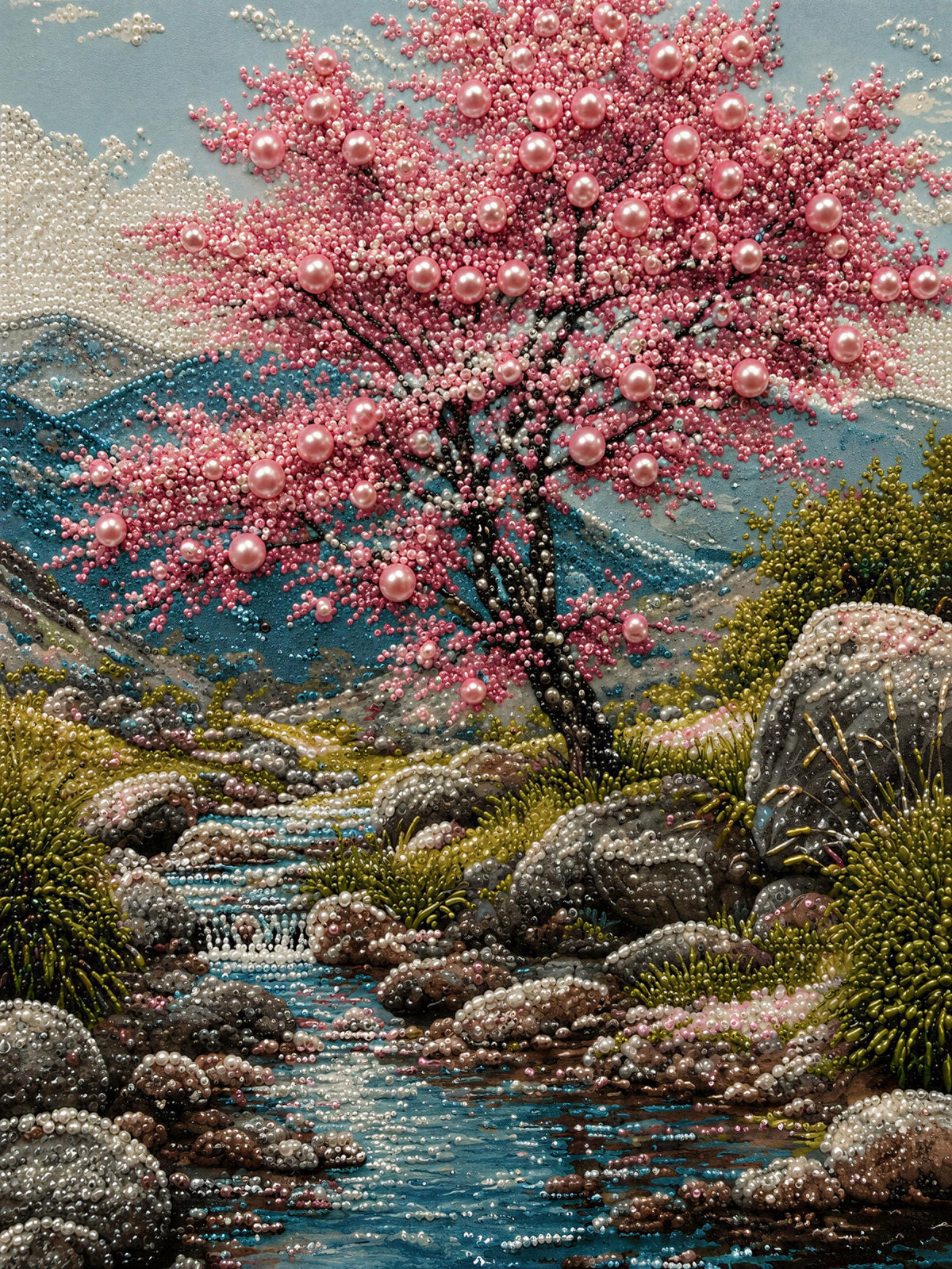 a serene landscape with a large tree in full bloom, its branches adorned with pink flowers, situated on a rocky outcropping. The tree is surrounded by a stream of water flowing through the rocky terrain, with mountains visible in the background. The overall scene is a beautiful and tranquil representation of nature.