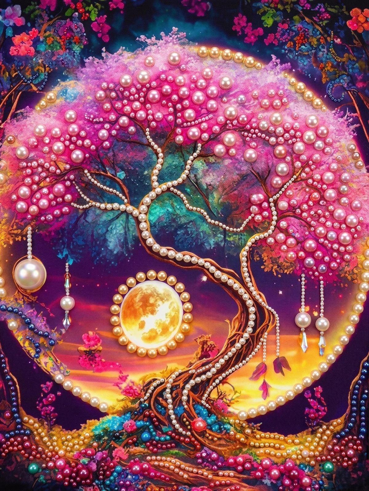 The image is a vibrant and intricate collage featuring a large tree adorned with numerous pearls, flowers, and a full moon. The tree is the central focus, surrounded by a multitude of colorful elements that create a visually striking and captivating composition.