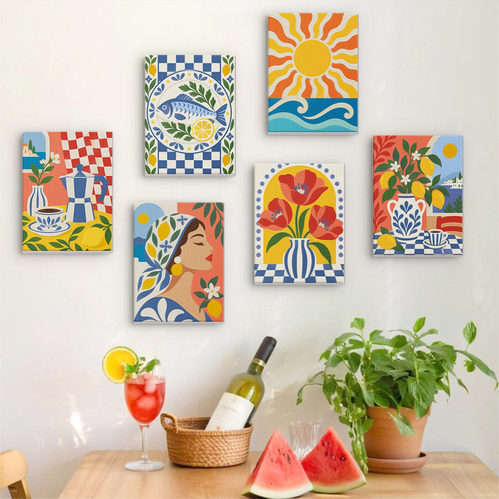a wall adorned with six vibrant, colorful paintings depicting various scenes and objects, including a woman's portrait, a vase of flowers, a teapot, a sun, and a landscape. In front of the paintings, there is a table with a wine bottle, a glass of water, and a basket of fruit, including watermelon slices. The overall scene conveys a sense of leisure and relaxation, with the colorful paintings and the assortment of refreshments creating a visually appealing and inviting atmosphere.