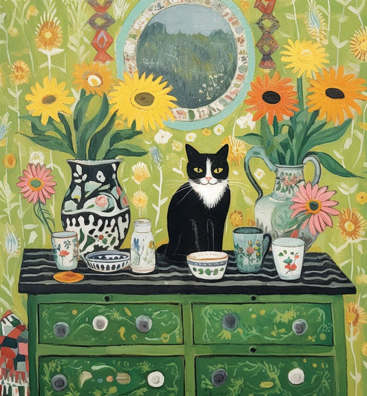 A black and white cat sitting on a dresser rt