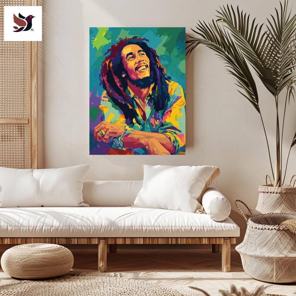 a vibrant, colorful painting of a man with dreadlocks hanging on a wall above a white sofa in a living room setting.