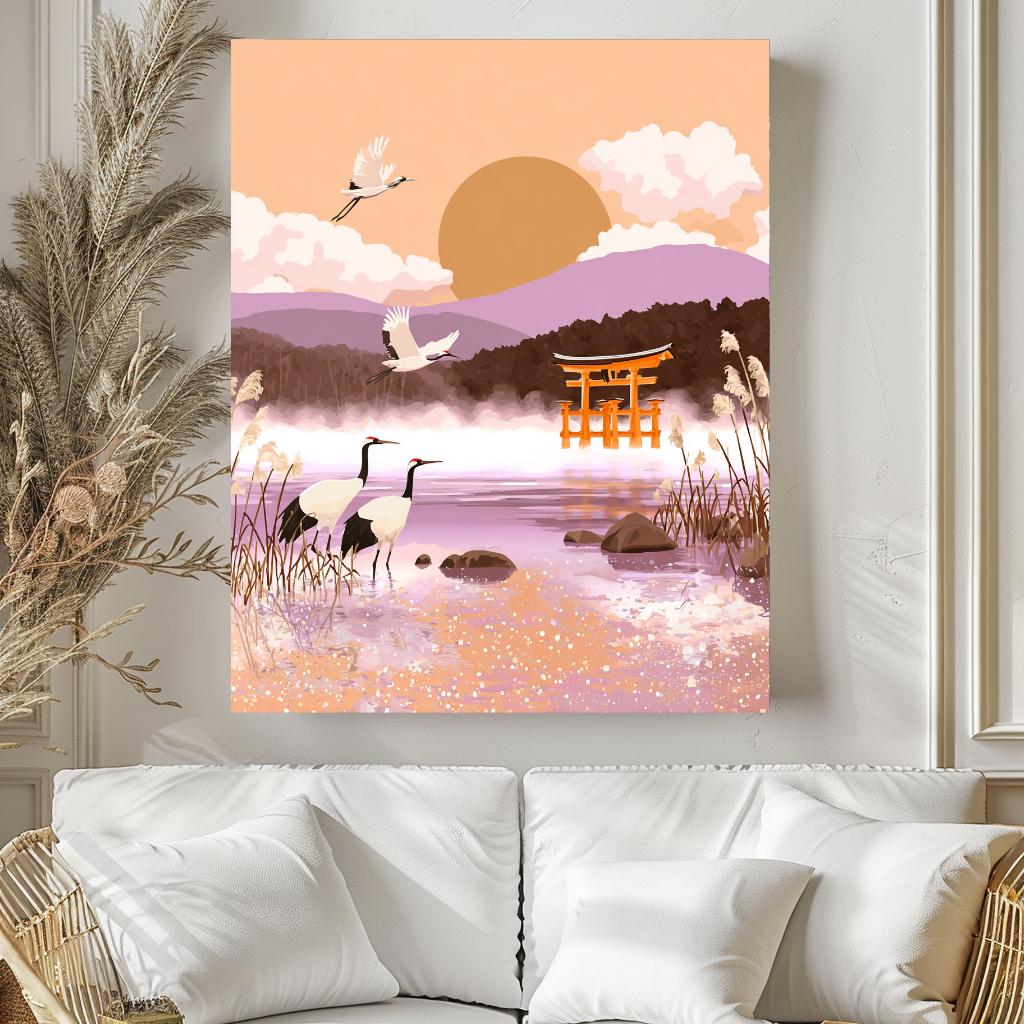 a serene landscape with a pond, a temple, and a flock of birds in flight.