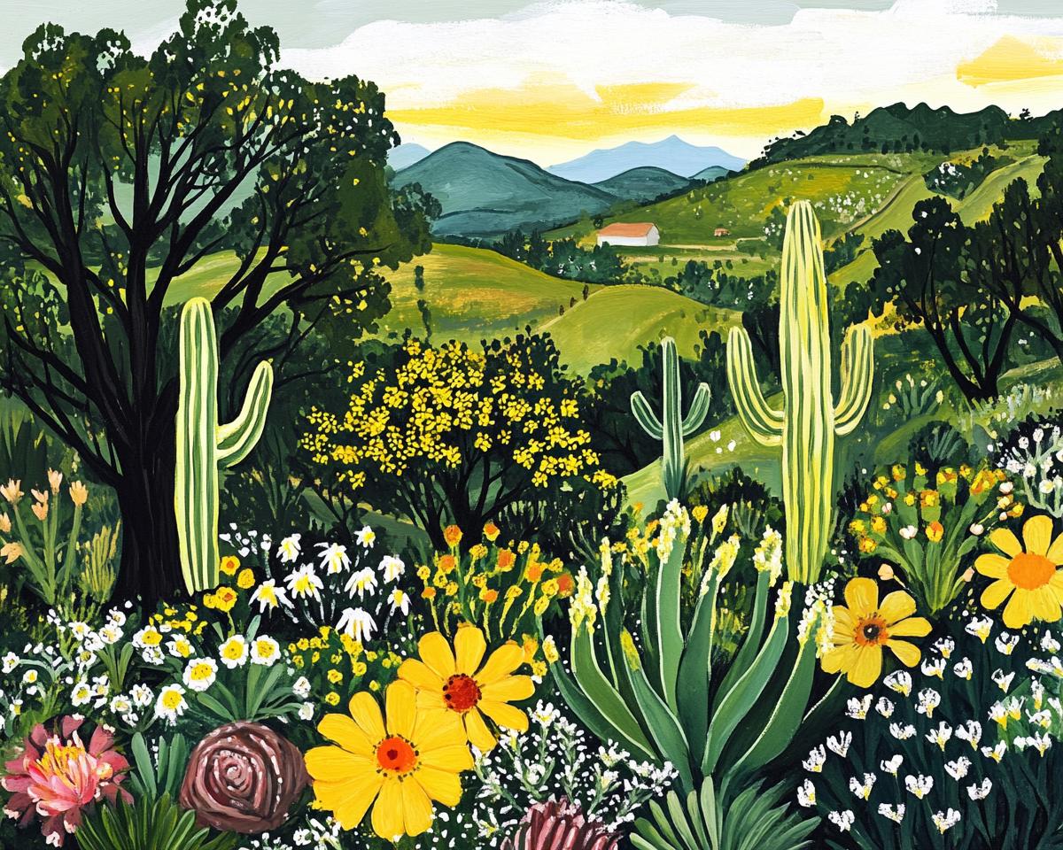 a painting of flowers and cactus trees in a field