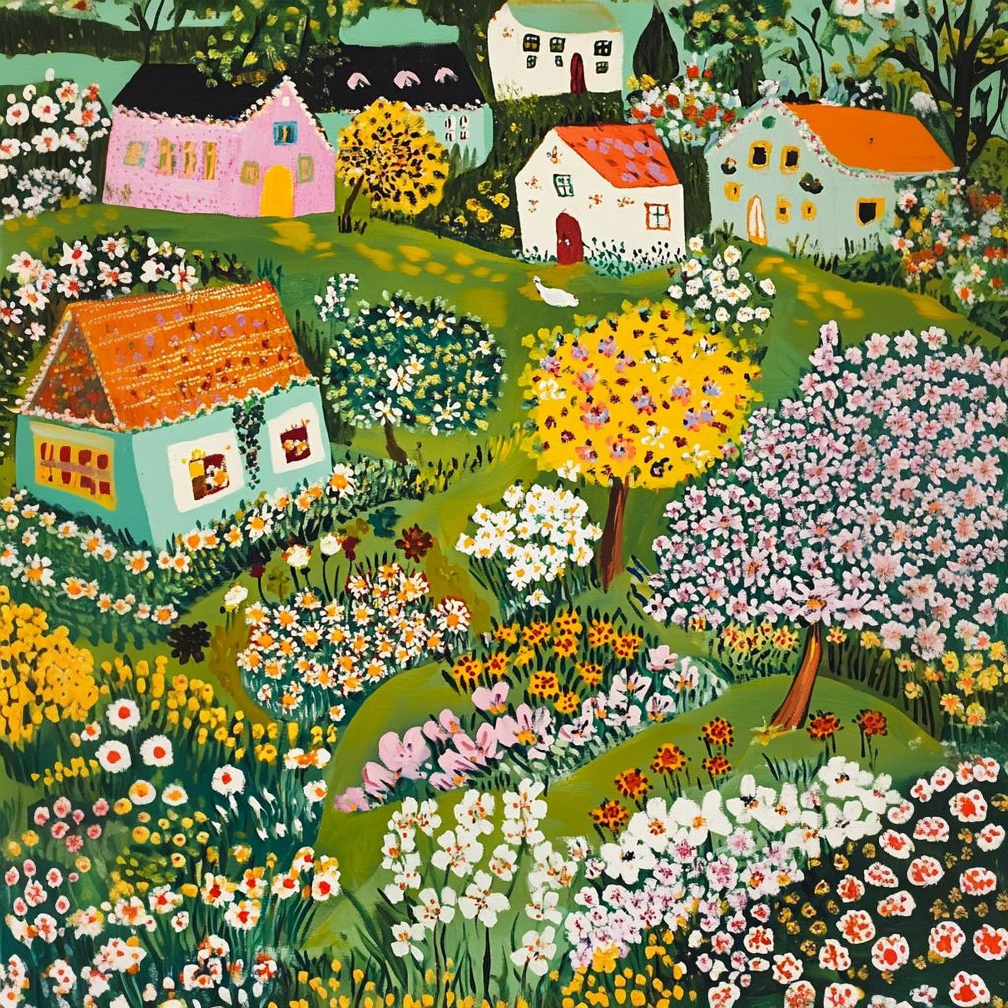 The image is a vibrant and colorful painting depicting a quaint village nestled amidst a lush garden filled with blooming flowers and trees.