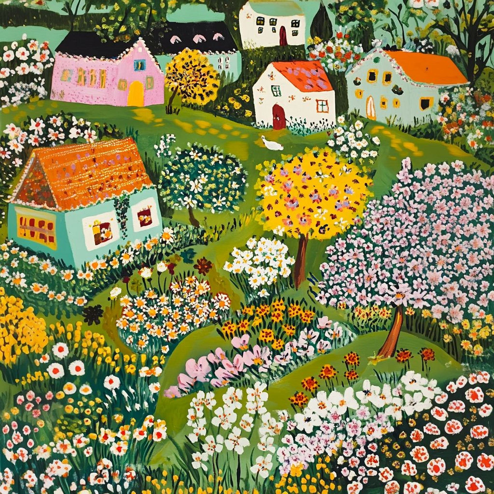 The image is a vibrant and colorful painting depicting a quaint village nestled amidst a lush garden filled with blooming flowers and trees.