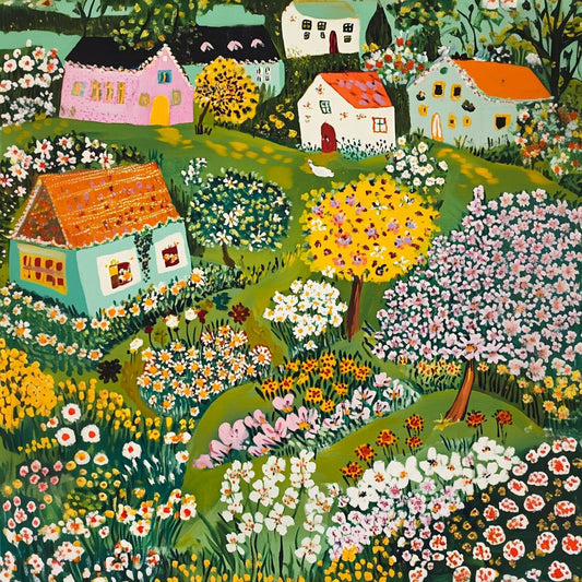 The image is a vibrant and colorful painting depicting a quaint village nestled amidst a lush garden filled with blooming flowers and trees.