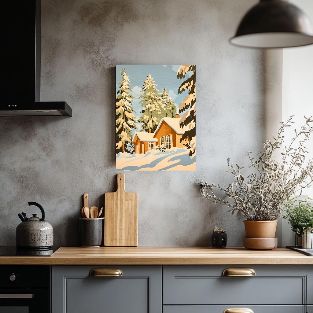 a kitchen with a painting of a house on the wall