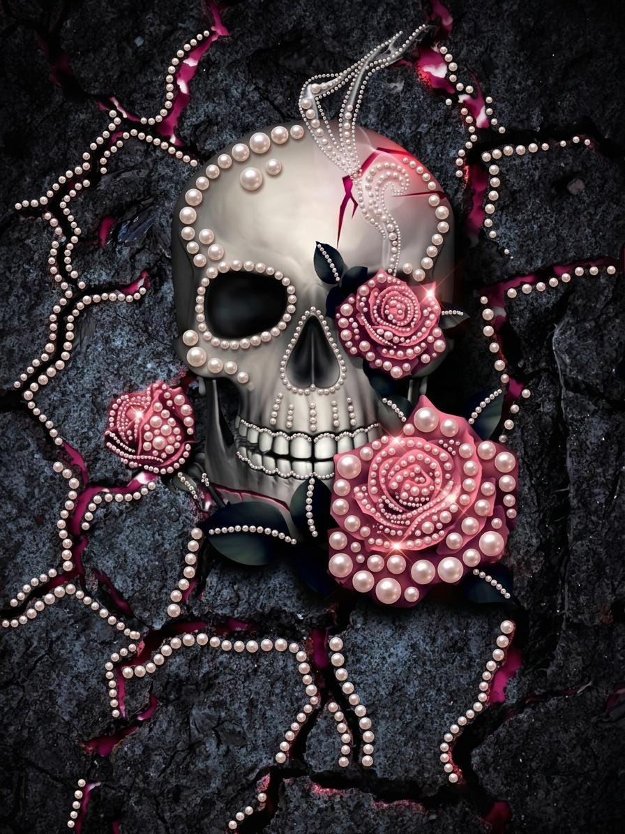A skull adorned with pearls and pink roses, set against a dark, cracked background.