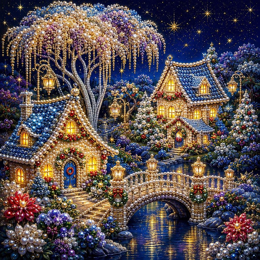 The image is a detailed and intricate collage of a beautifully decorated Christmas village, featuring numerous illuminated houses, trees, and a bridge. The village is adorned with numerous lights, creating a magical and enchanting atmosphere. The scene is set against a starry night sky, adding to the overall festive and whimsical ambiance of the image.