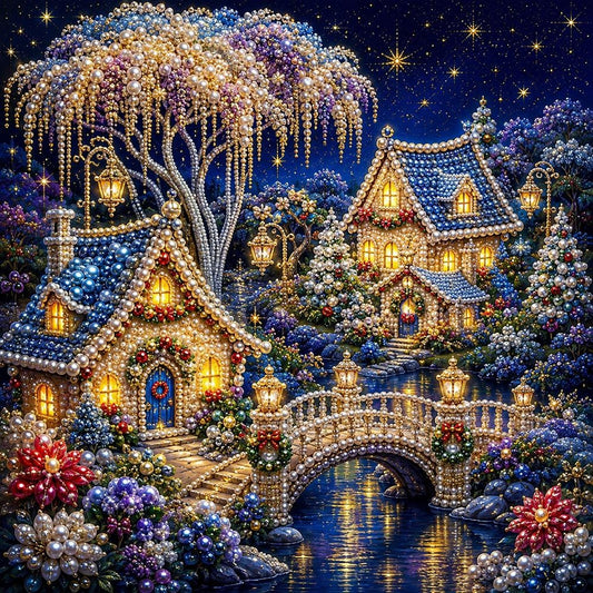 The image is a detailed and intricate collage of a beautifully decorated Christmas village, featuring numerous illuminated houses, trees, and a bridge. The village is adorned with numerous lights, creating a magical and enchanting atmosphere. The scene is set against a starry night sky, adding to the overall festive and whimsical ambiance of the image.