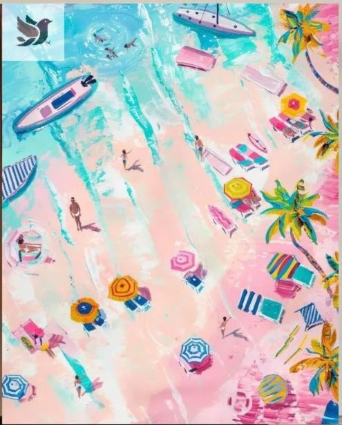 The image is a vibrant and colorful painting depicting a lively beach scene with various objects and people, including boats, umbrellas, and people enjoying the sun and sand.