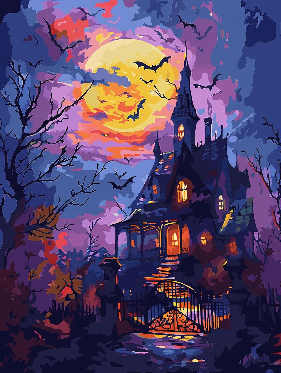 a painting of a spooky house with bats flying over it