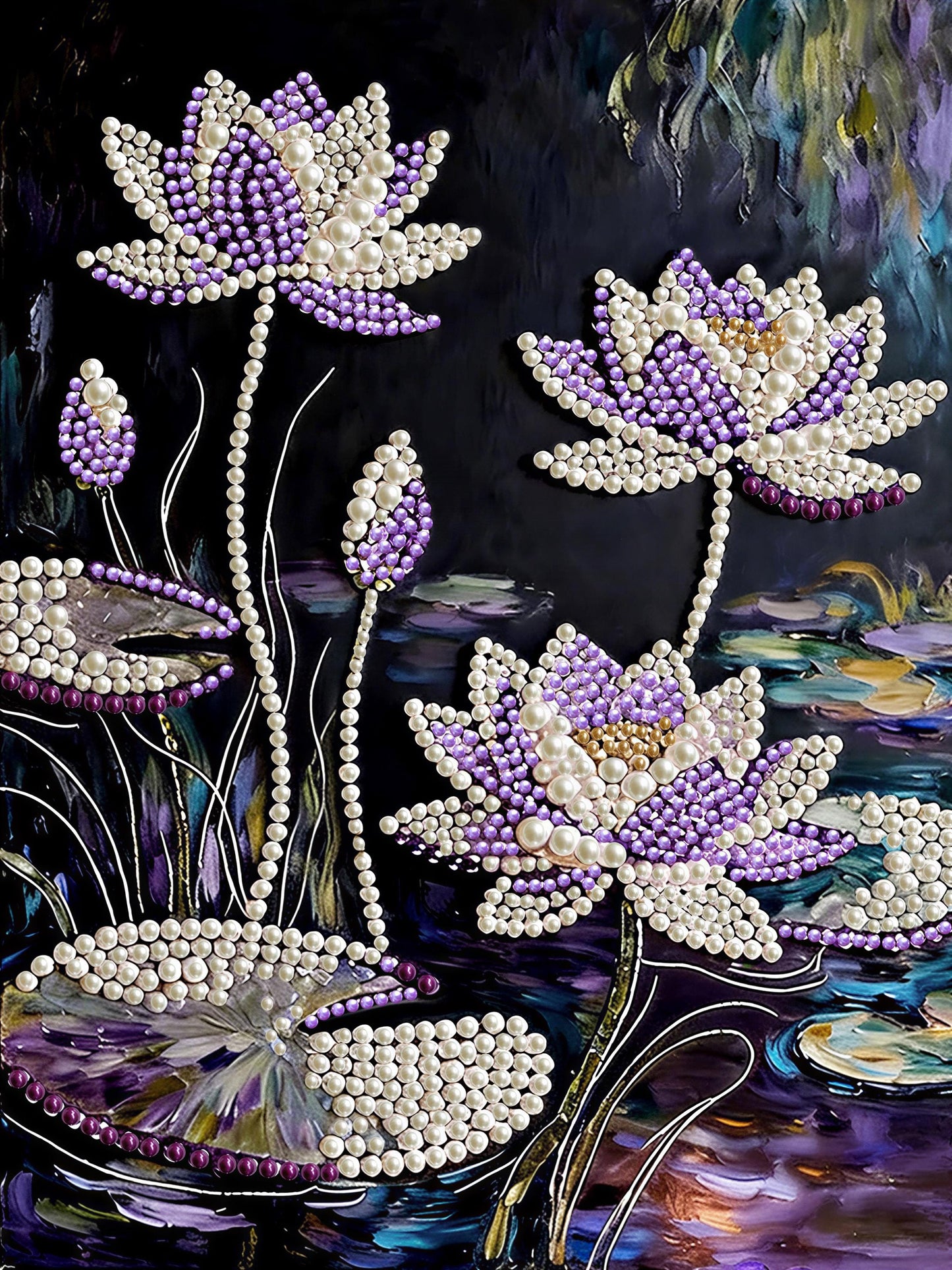The image is a painting featuring three large purple flowers composed entirely of beads, with white centers, set against a dark background.
