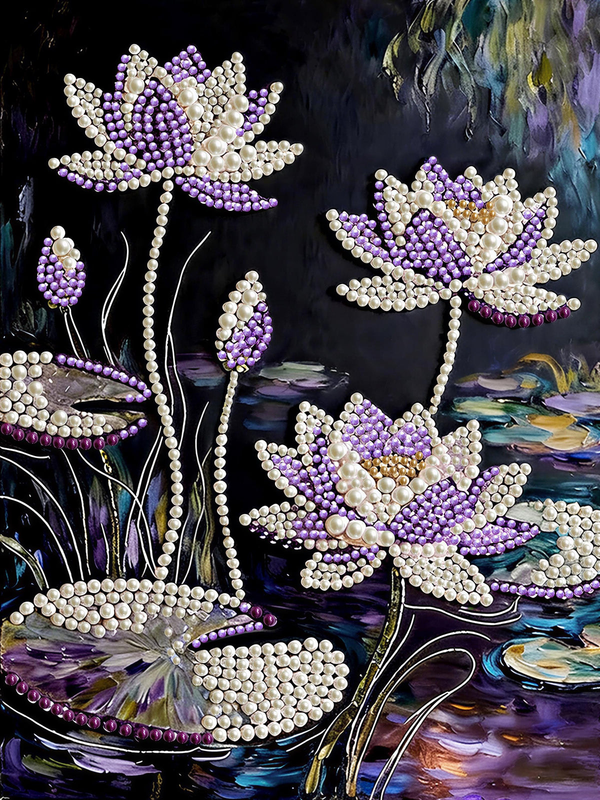 The image is a painting featuring three large purple flowers composed entirely of beads, with white centers, set against a dark background.