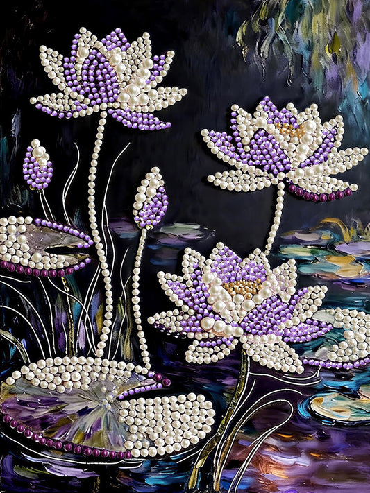 The image is a painting featuring three large purple flowers composed entirely of beads, with white centers, set against a dark background.