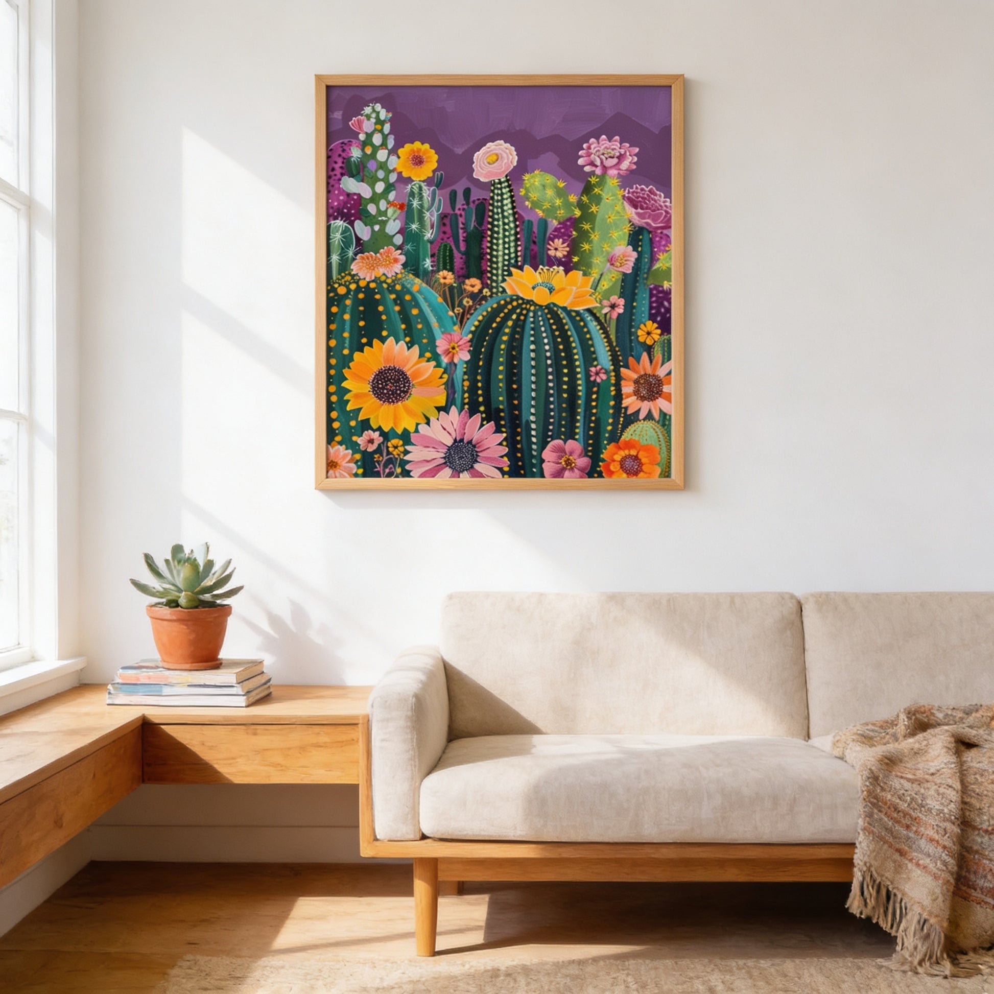 a vibrant, colorful painting of cacti and flowers hanging on a white wall above a beige sofa in a cozy living room setting.
