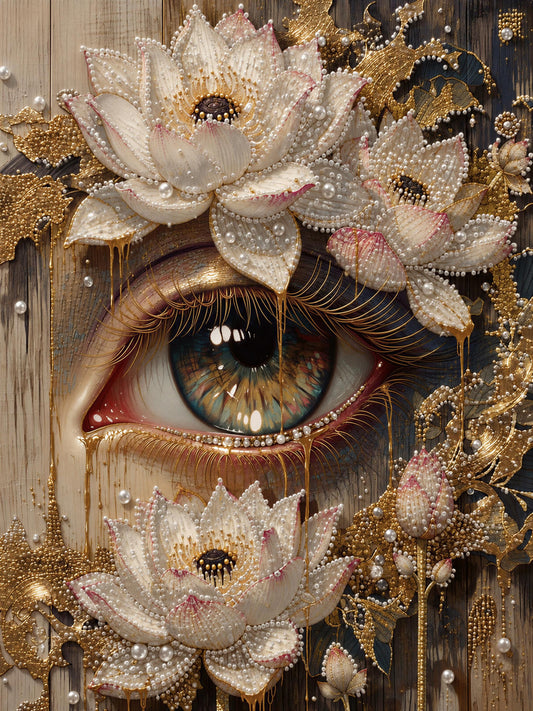 The image is a close-up of a detailed eye surrounded by an intricate floral design, including white lotus flowers and gold elements.