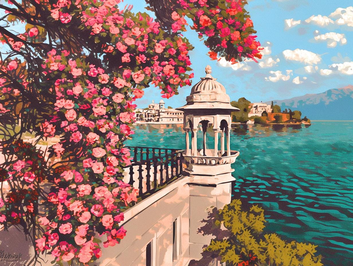 A picturesque scene of a white tower with a dome, surrounded by a lush garden with pink flowers, overlooking a serene lake with mountains in the distance.