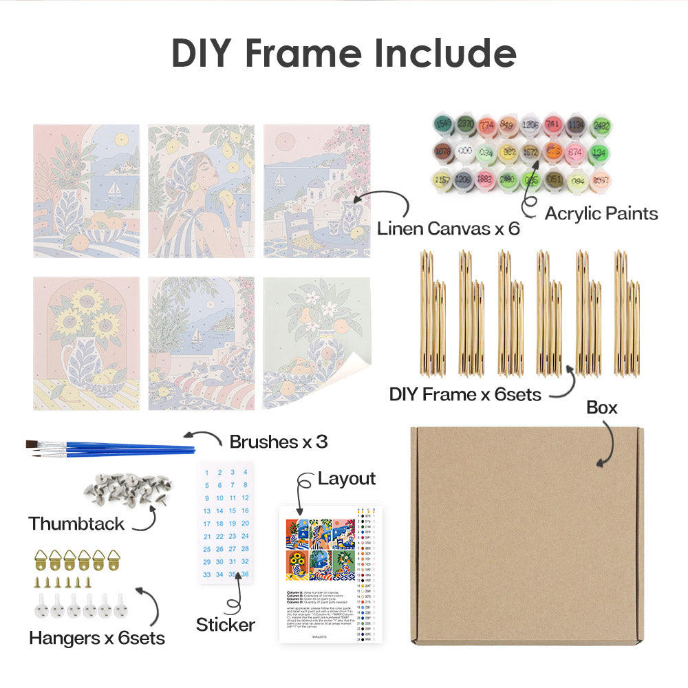 various DIY frame and art supplies, including a linen canvas, acrylic paints, brushes, a DIY frame, and a box.