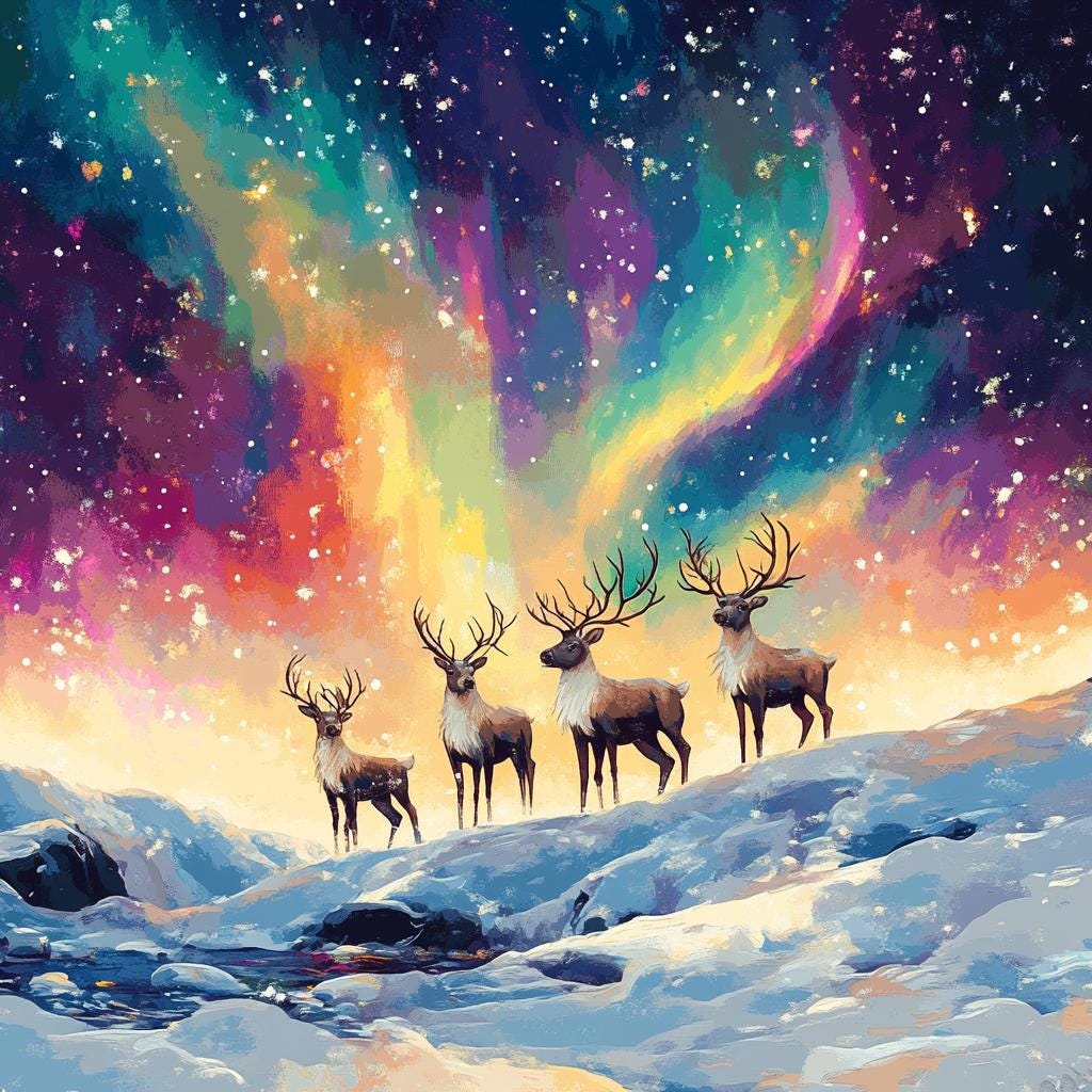 Reindeer northern lights Christmas