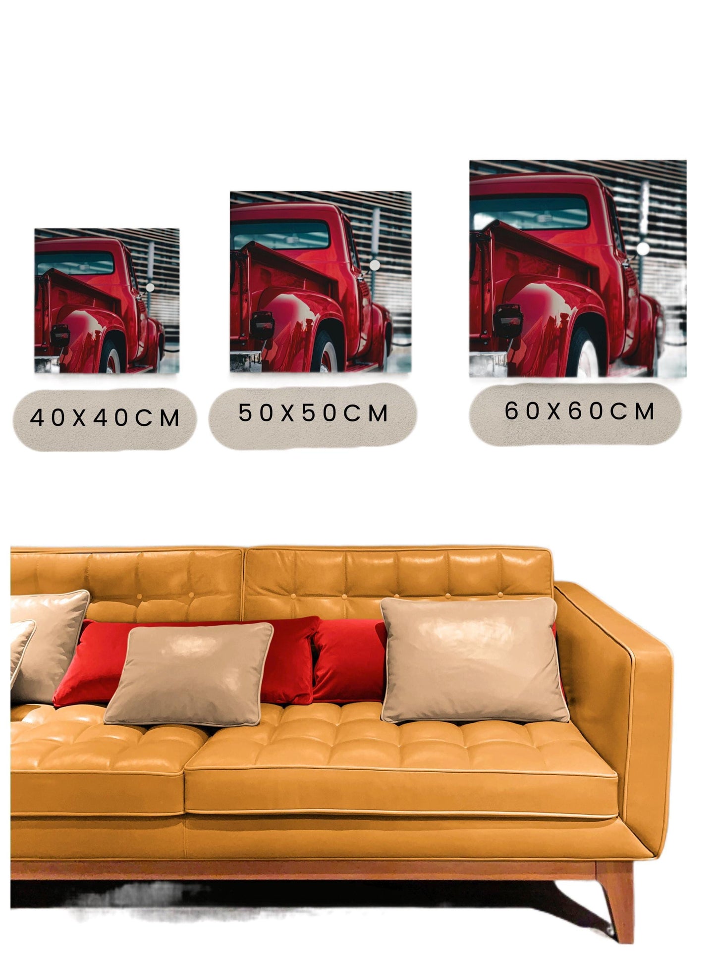 a couch with pillows and a picture of a red truck