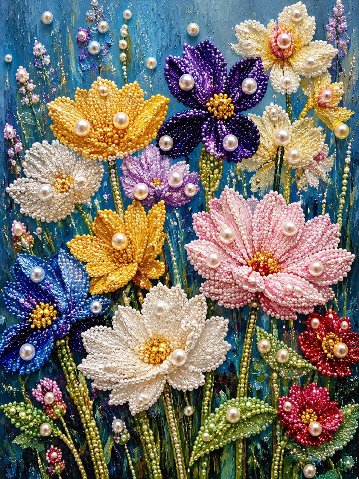 a painting of a bunch of flowers on a blue background