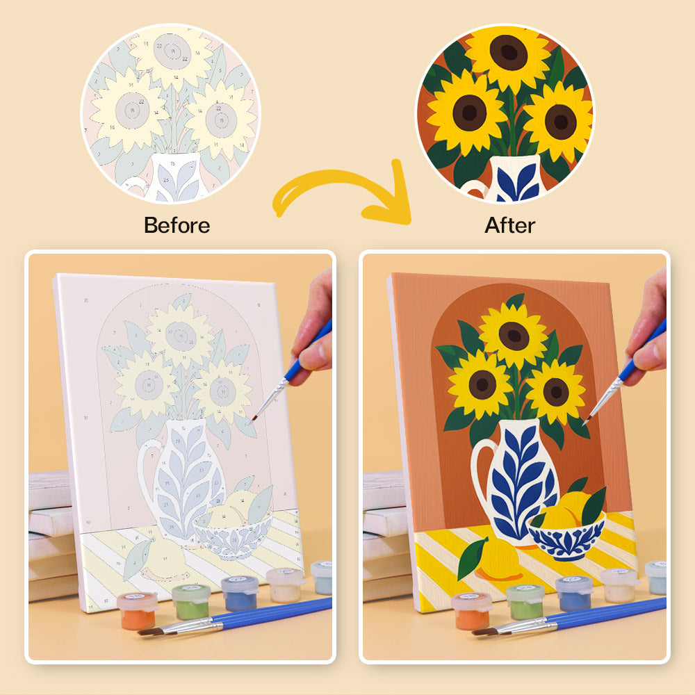 The image is a before and after comparison of a painting of a vase with flowers. The before image shows a simple vase with flowers, while the after image shows the same vase with more detailed and vibrant colors and designs.