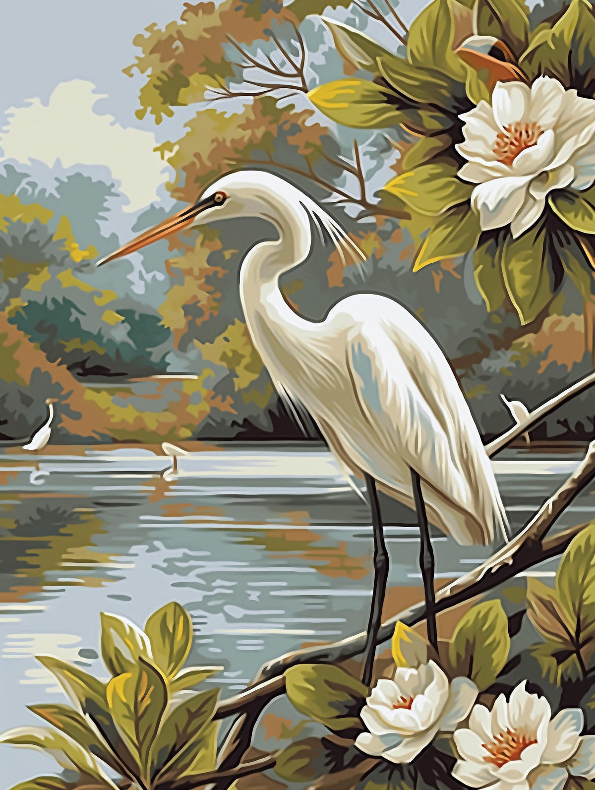 a painting of a white bird sitting on a tree branch