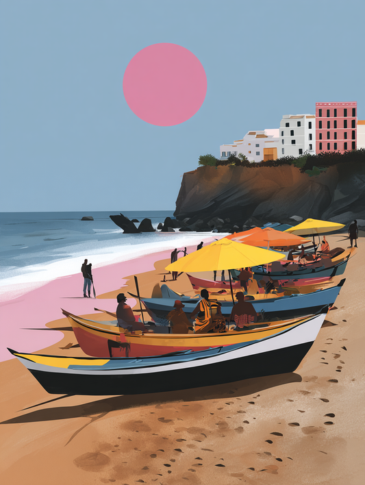 a vibrant beach scene with colorful boats, people enjoying the sun, and a pink-hued sun in the sky.