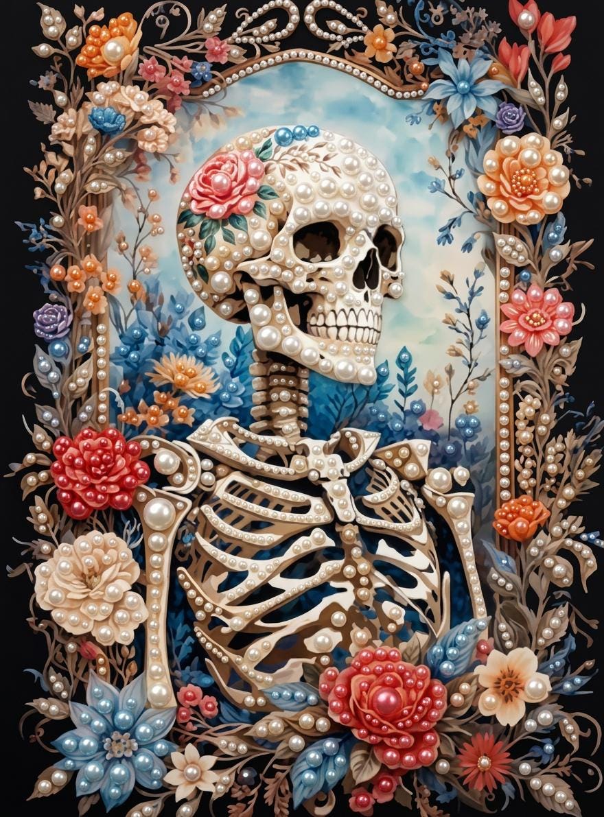 The image is a vibrant and intricate collage featuring a skeleton adorned with pearls and flowers, surrounded by a lush and colorful floral border.