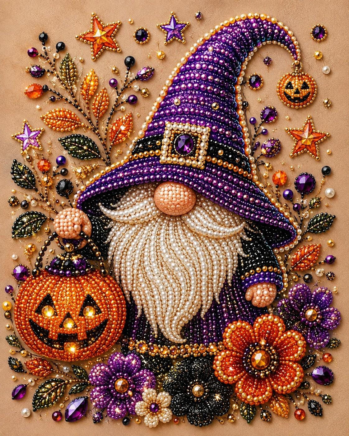 The image is a detailed embroidered piece featuring a gnome character surrounded by various Halloween-themed elements such as pumpkins, flowers, and stars.
