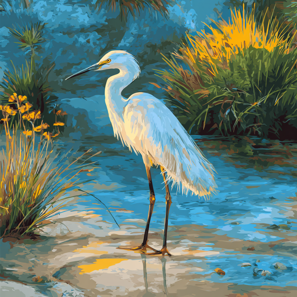 A white egret stands in shallow water, surrounded by vibrant yellow flowers and lush green foliage.