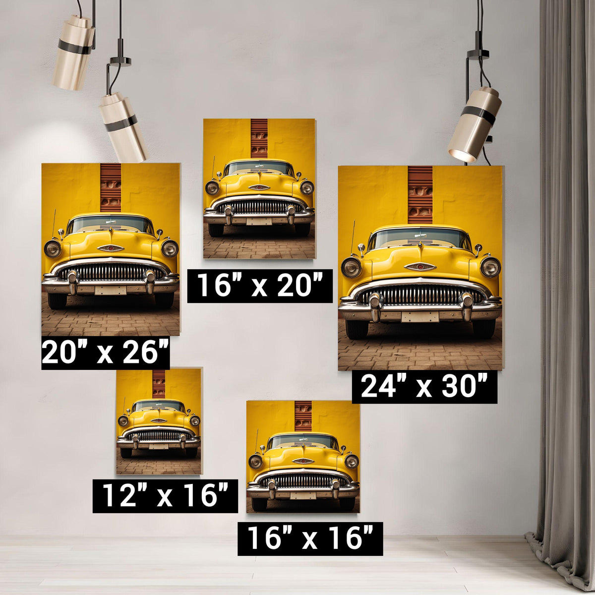 a set of six pictures of a yellow car hanging on a wall