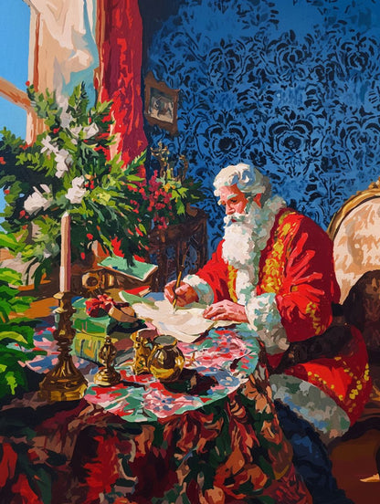 A painting depicting a man dressed as Santa Claus sitting at a table, writing a letter with a quill pen and a book of letters in front of him. The background features a blue floral patterned wallpaper and a window with white curtains.