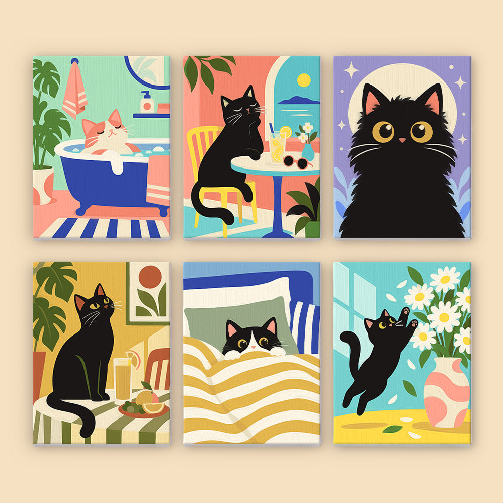 The image is a collage of six colorful illustrations featuring cats in various settings, including a bathtub, a table with a drink, a cat on a bed, a cat jumping off the bed, and a cat sitting on a bed with flowers.