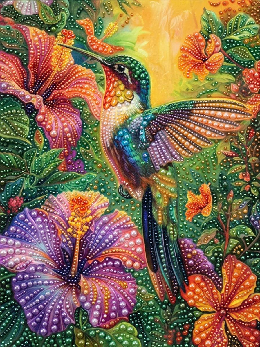 A vibrant, colorful hummingbird is captured in flight amidst a lush, tropical garden filled with an array of flowers and foliage.