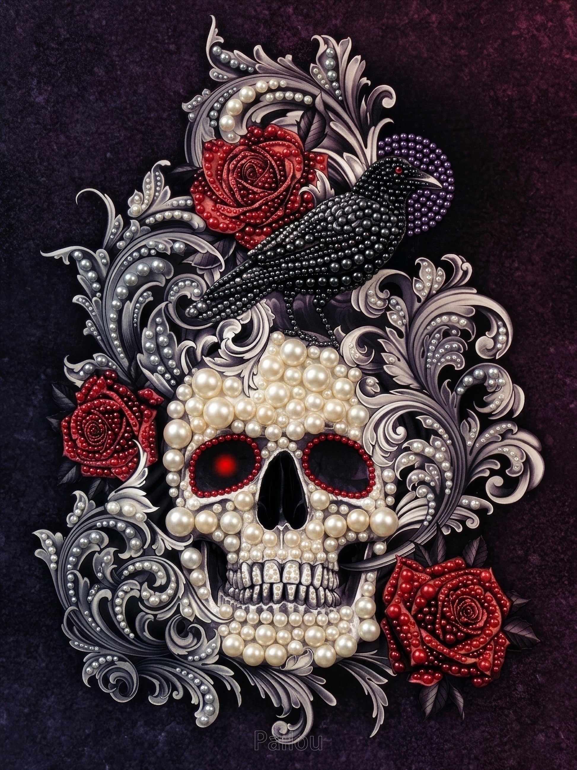 The image is a striking and intricate design featuring a skull adorned with pearls, beads, and roses, with a black crow perched on top.