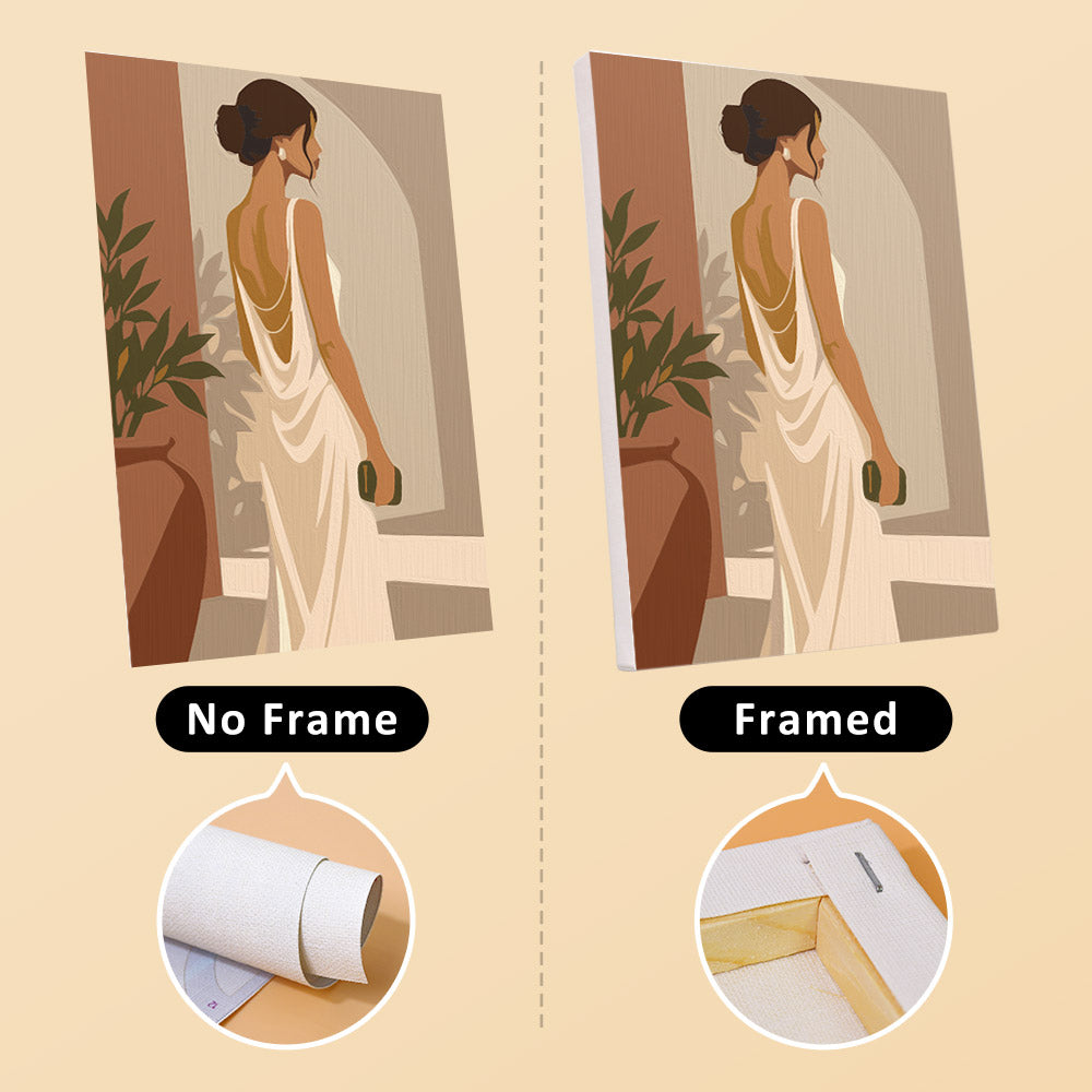 The image is a comparison between two illustrations of a woman in a dress, one without a frame and one framed. The text indicates that the image without a frame is labeled "No Frame" and the one with a frame is labeled " Framed".