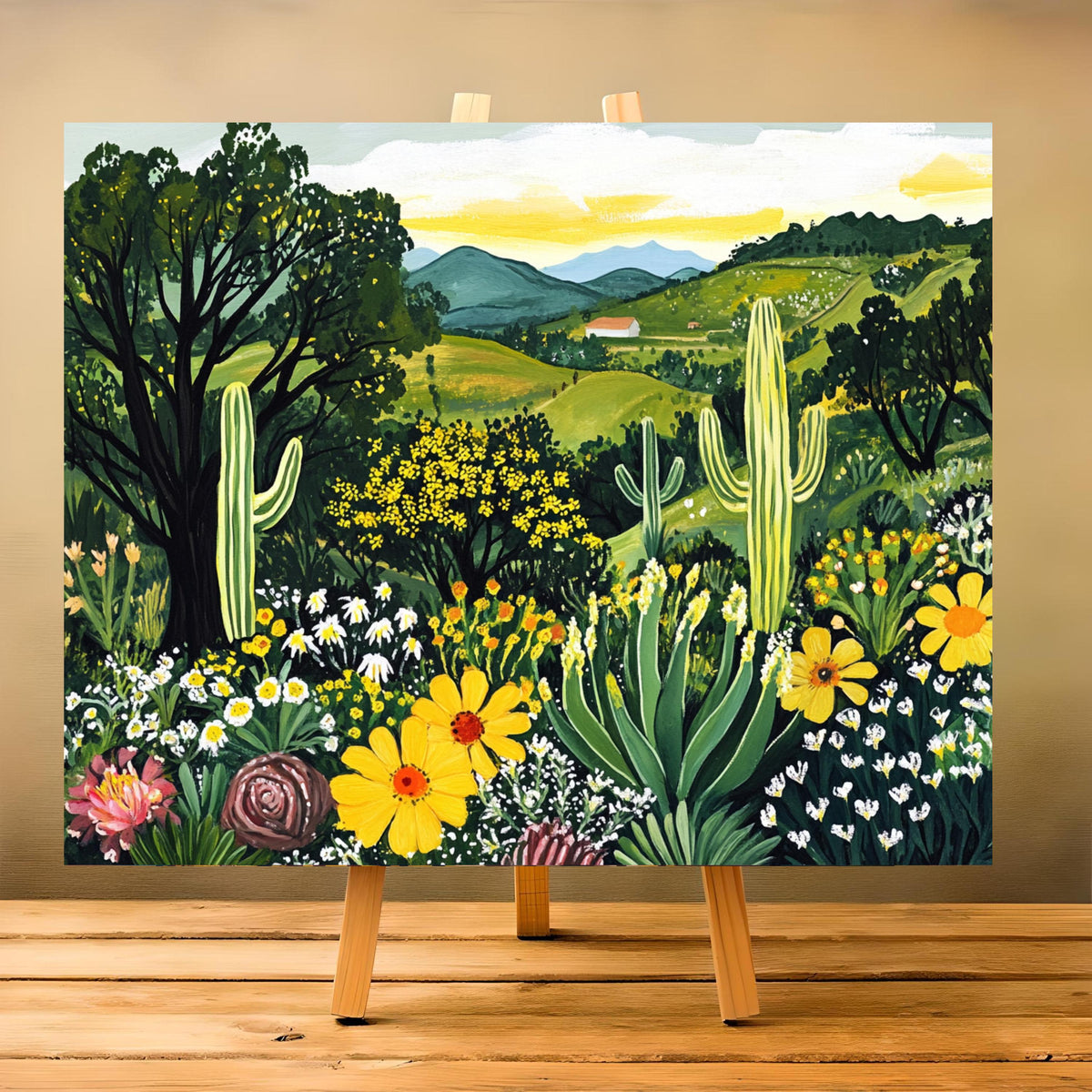 a painting on a easel in a room