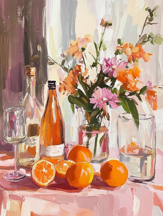 a painting of flowers and oranges on a table