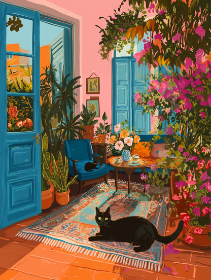 A black cat lounges on a rug in a vibrant, colorful room filled with potted plants, flowers, and a blue chair.