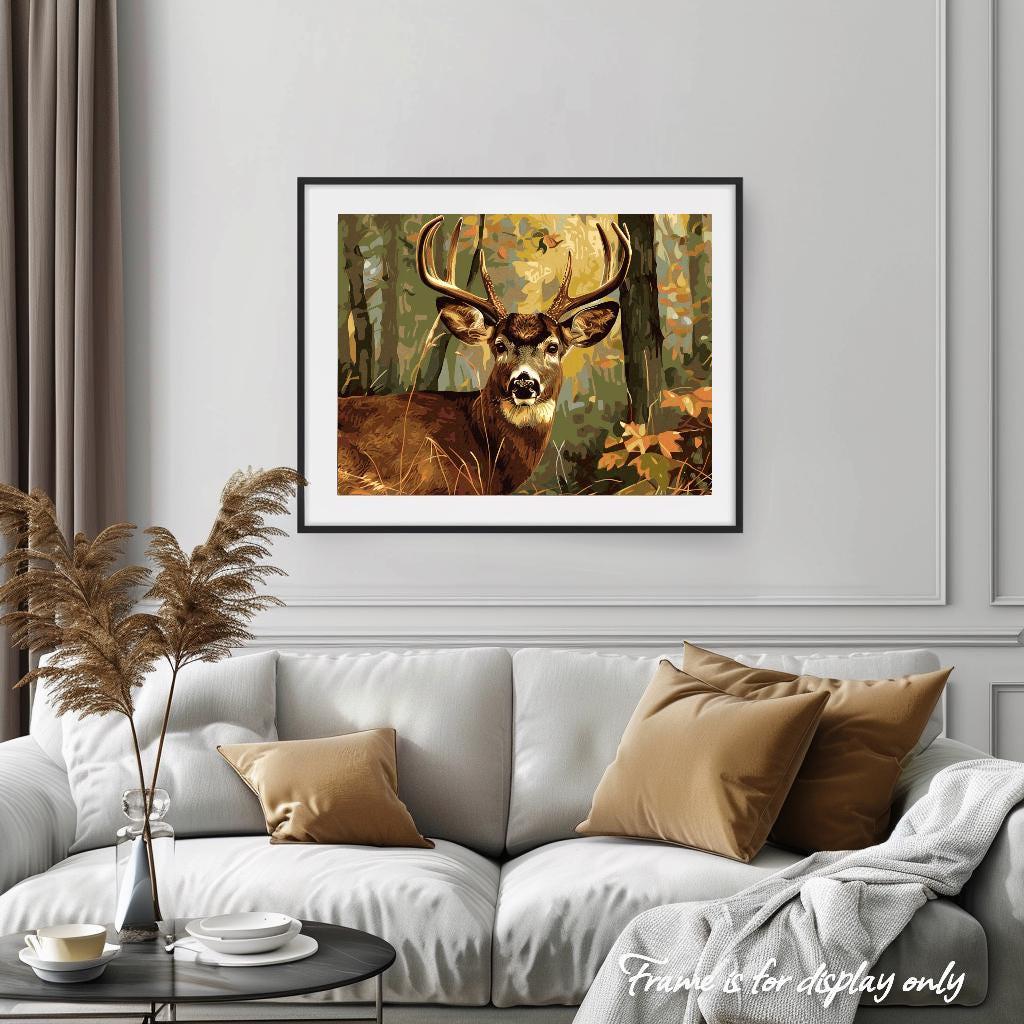 a painting of a deer in the woods