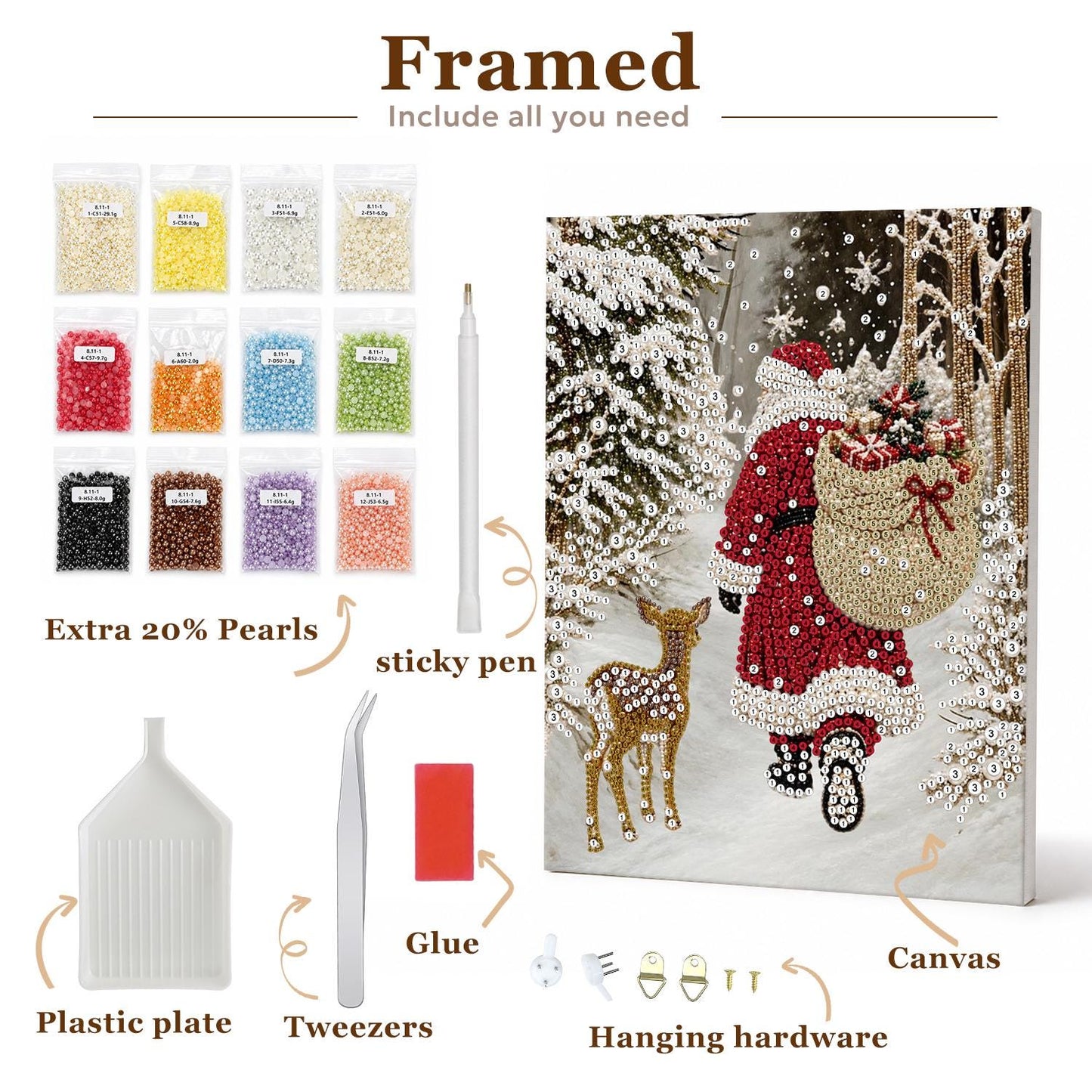 The image is a framed painting depicting a snowy scene with a person in a Santa suit carrying a sack of presents. The painting includes various craft supplies such as extra pearls, sticky pens, glue, plastic plate, tweezers, and hanging hardware.