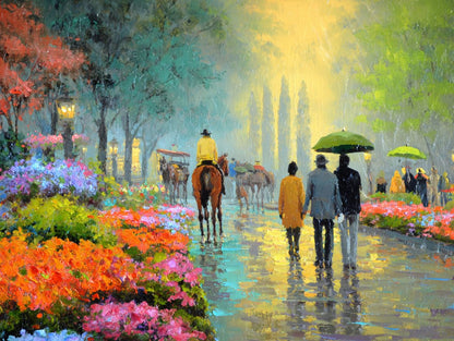 a rainy day in a park, with people walking on a path surrounded by colorful flowers and trees. A person is riding a horse, and others are walking with umbrellas.