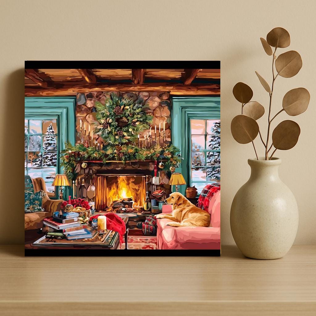 a cozy living room with a fireplace, a dog resting on a pink couch, and a vase of dried leaves on a shelf.