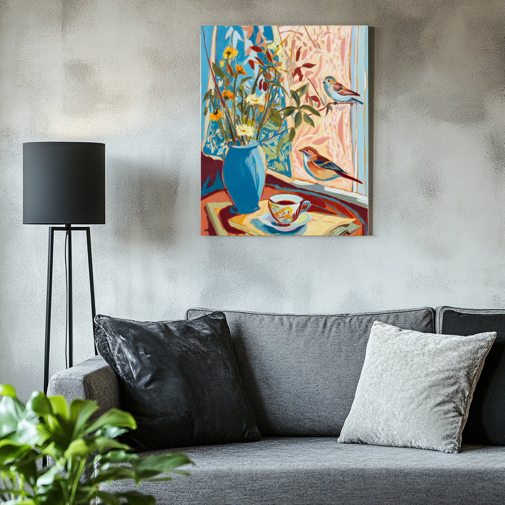 a cozy living room with a gray couch, a black floor lamp, and a vibrant painting of a vase with flowers and birds on the wall.