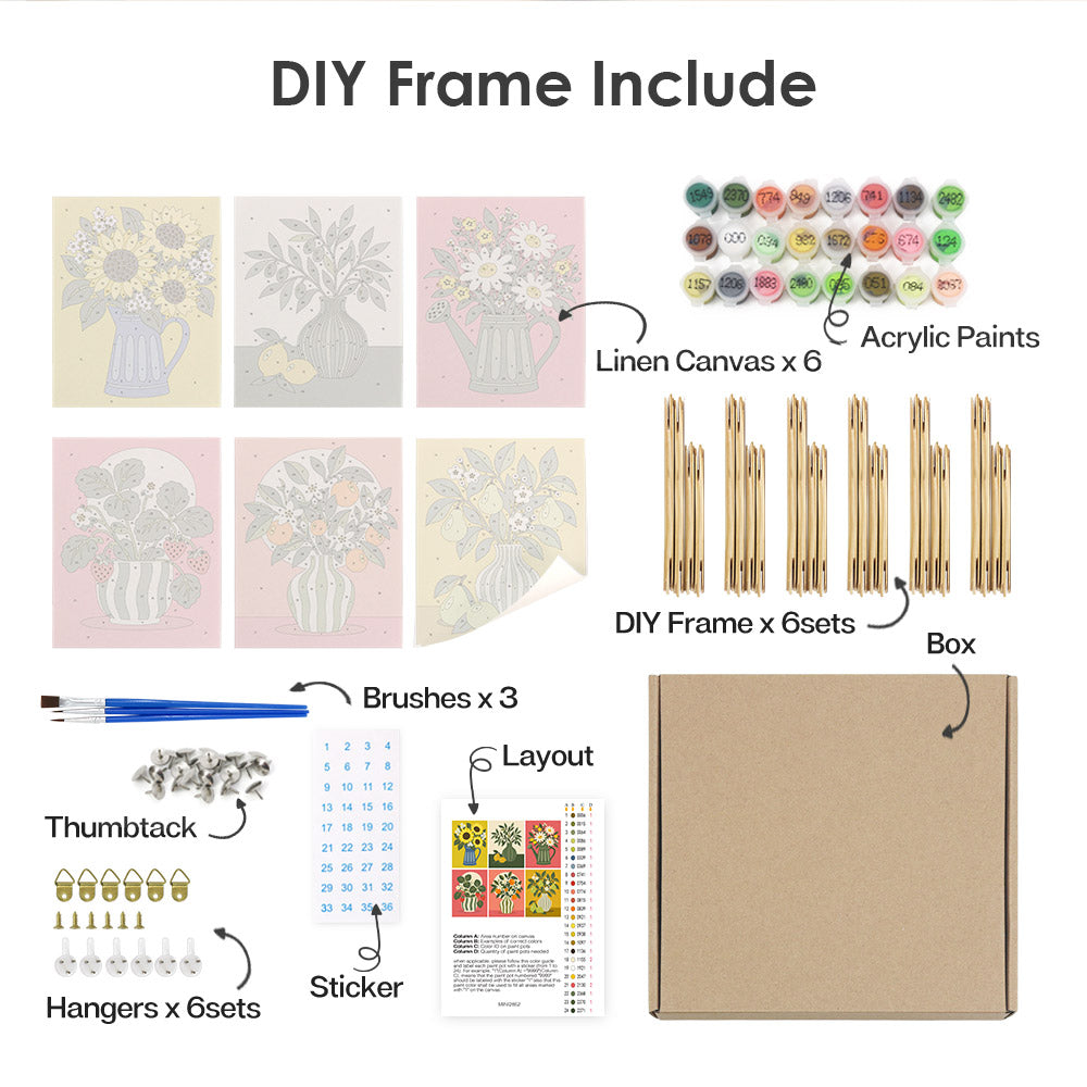 various DIY frame and art supplies, including a DIY frame kit, acrylic paints, brushes, a box, and a sticker.