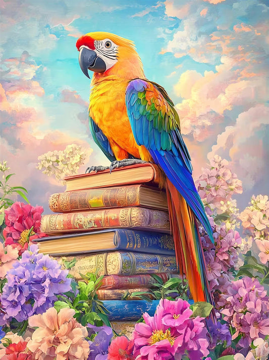A vibrant parrot perches atop a stack of colorful books, surrounded by a lush array of flowers and a cloudy sky.