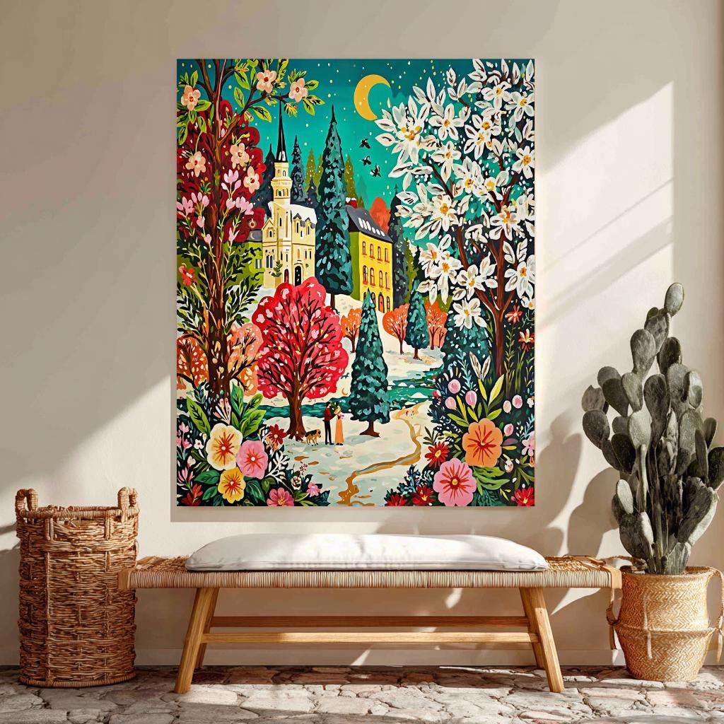 a large, colorful painting of a village scene hanging on a wall, with a bench in front of it and potted plants on either side.