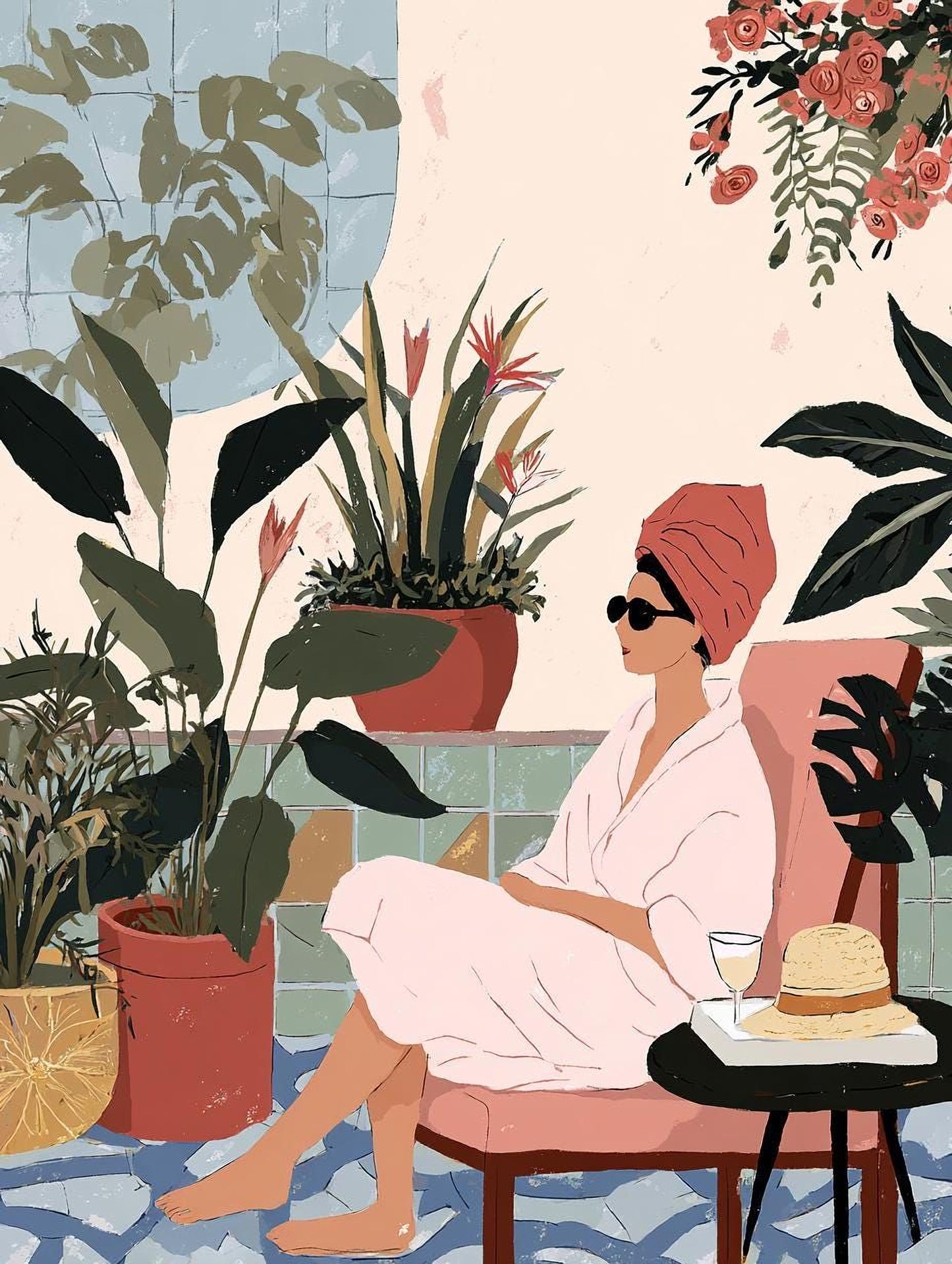 A woman in a pink robe sits in a chair, surrounded by lush greenery and flowers, with a glass of water and a hat nearby.
